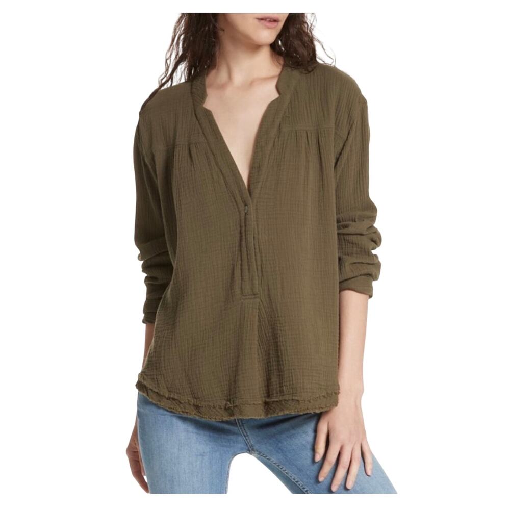 Free People Olive Green Double Gauze Oversized Blouse